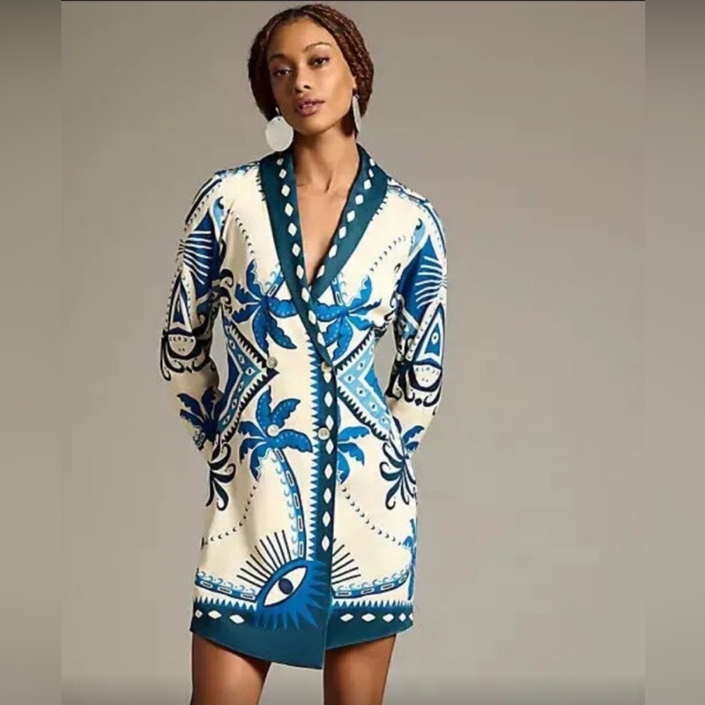 FarmRio Blue and White Patterned Women's Dress/Blazer